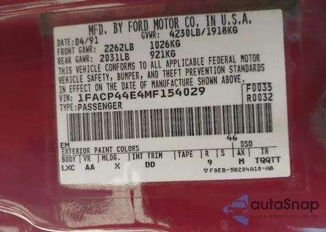 1991 Ford Mustang Lx из США, поврежденный, VIN 1FACP44E4MF154029